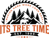 The image shows an orange logo with text forming an arch above and below the words ITS TREE TIME. The text above reads WE ARE THE ROOT OF YOUR TREES CARE, and below is a small graphic resembling tree roots.